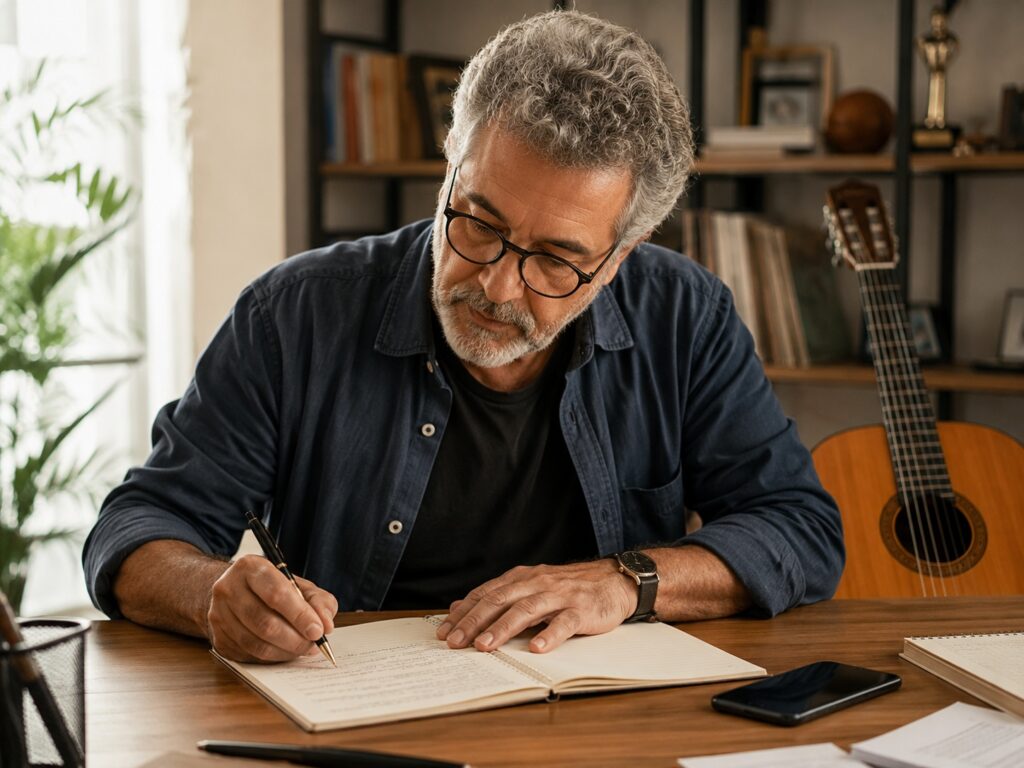 Compositor brasileiro organizando letra de música para registro autoral com orientação da BEW
